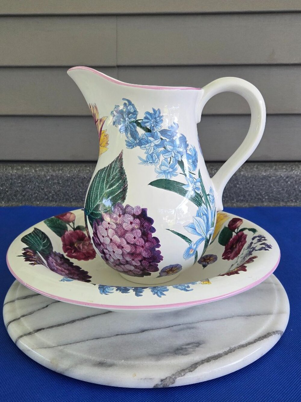 R. B. Bernarda Botanical Flowers Pitcher 8.5" & Bowl 11" Basin Portugal VIDEO